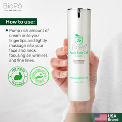 A bottle of Biopo Apple Stem Cell Cream with a white cream swirl on the left side. The bottle is labeled with the brand logo and product name.
Apple Stem Cell Cream
Apple Stem Cell Cream
Apple Stem Cell Cream
Apple Stem Cell Cream
