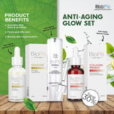 A set of three skincare products labeled as Anti-Aging Glow Set, including a Retinol Cream, Gold EGF Anti-Aging Serum, and Collagen Firming Serum, with additional benefits listed for each product.