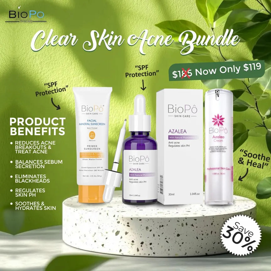A product image featuring the Clear Skin Acne Bundle which includes a facial mineral sunscreen, acne treatment serum, and acne treatment cream, with the brand BioPo.