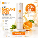BioPo skincare cream with oranges and promotional text on a white background