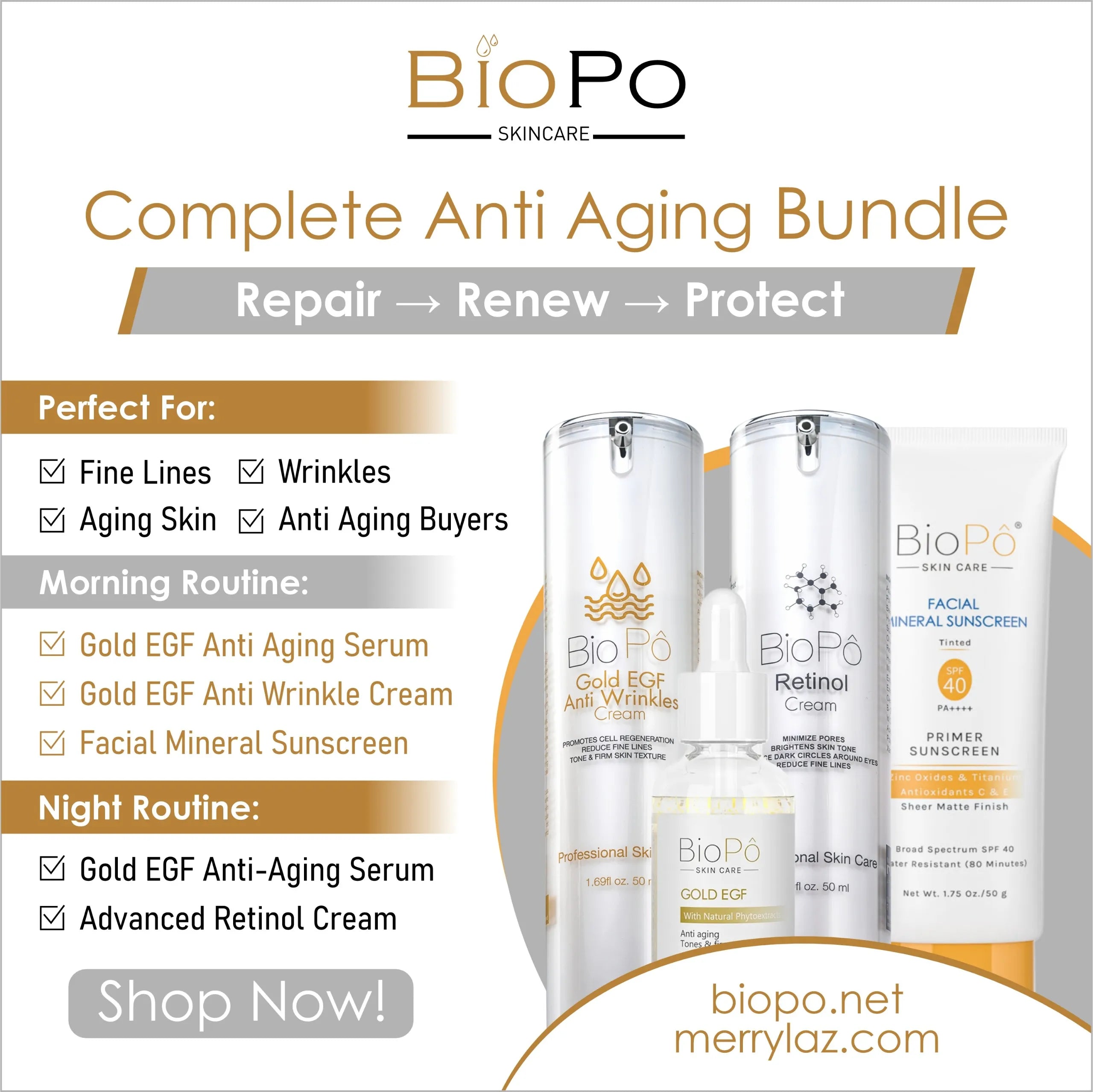 BioPo skincare product bundle with bottles and text on a white background