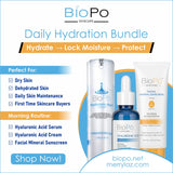 BioPo Skincare Daily Hydration Bundle with products and promotional text on a white background