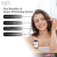 Key benefits of BioPo Skin Brightening Whitening Serum – brightens dull skin, fades dark spots, and improves skin clarity