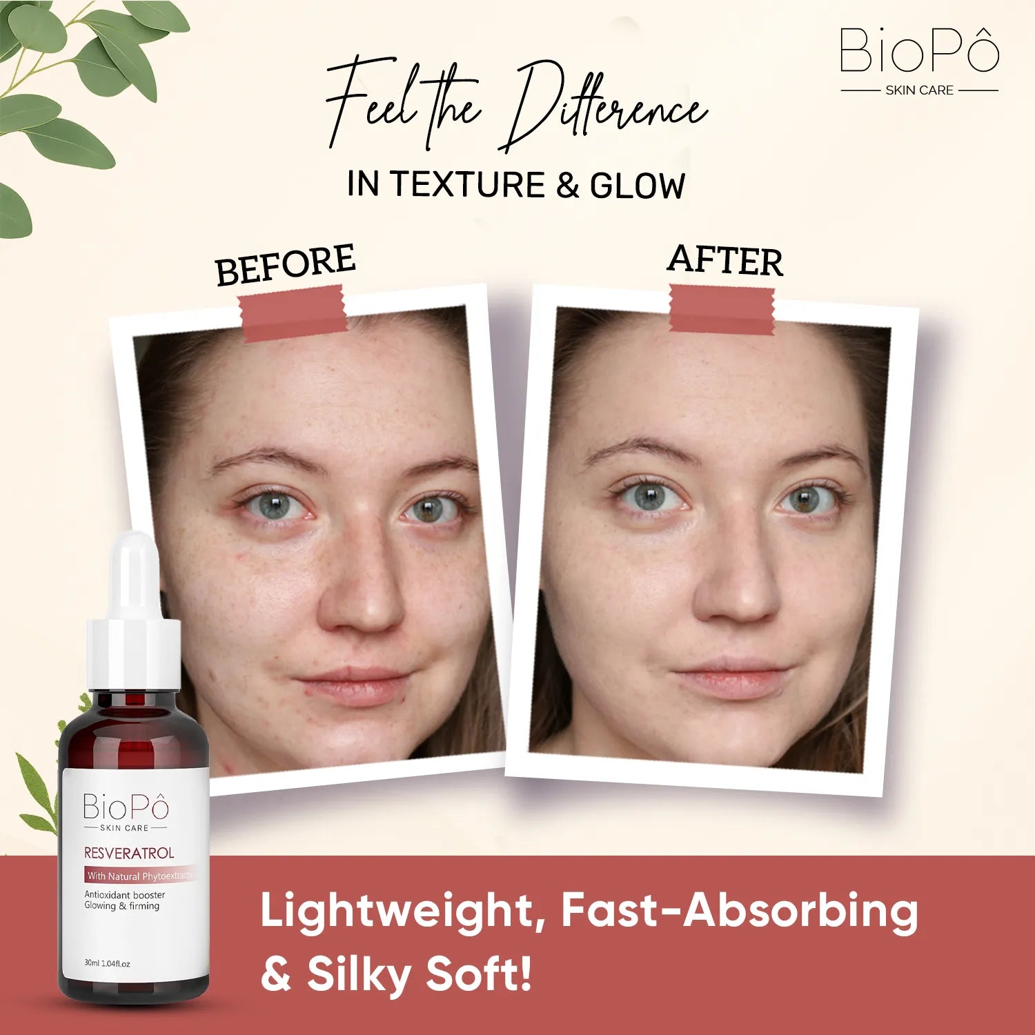 Before and after results of BioPo Resveratrol Boosting Serum – visibly firmer, smoother, and more radiant skin