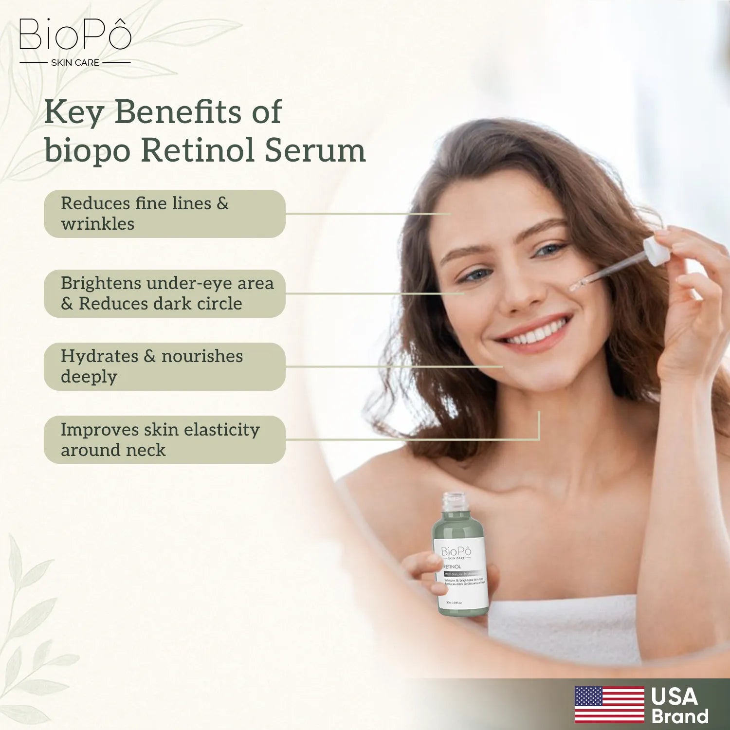 Key benefits of BioPo Retinol Serum – reduces wrinkles, smooths fine lines, boosts skin elasticity, and rejuvenates aging skin