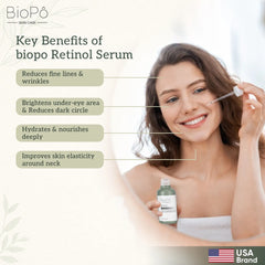 Key benefits of BioPo Retinol Serum – reduces wrinkles, smooths fine lines, boosts skin elasticity, and rejuvenates aging skin