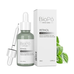 A bottle of BioPó Retinol serum with a dropper, packaged in a box with product information. The bottle is labeled with 'BioPó Skin Care' and the text 'Retinol' along with mentions of natural ingredients.