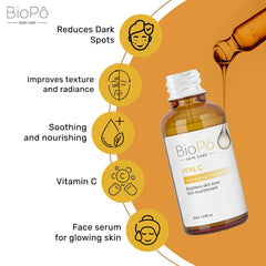 Skincare vital serum bottle with text and icons on an orange background