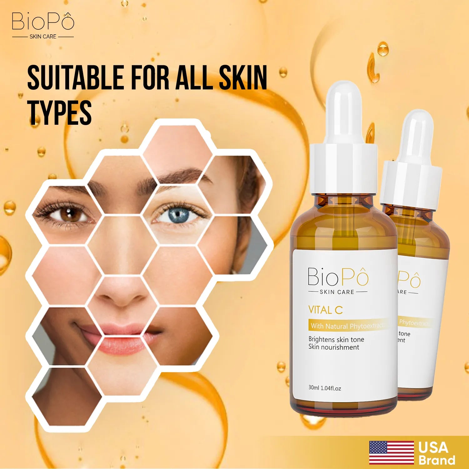 Skincare vital c serum with bottles and face on orange background