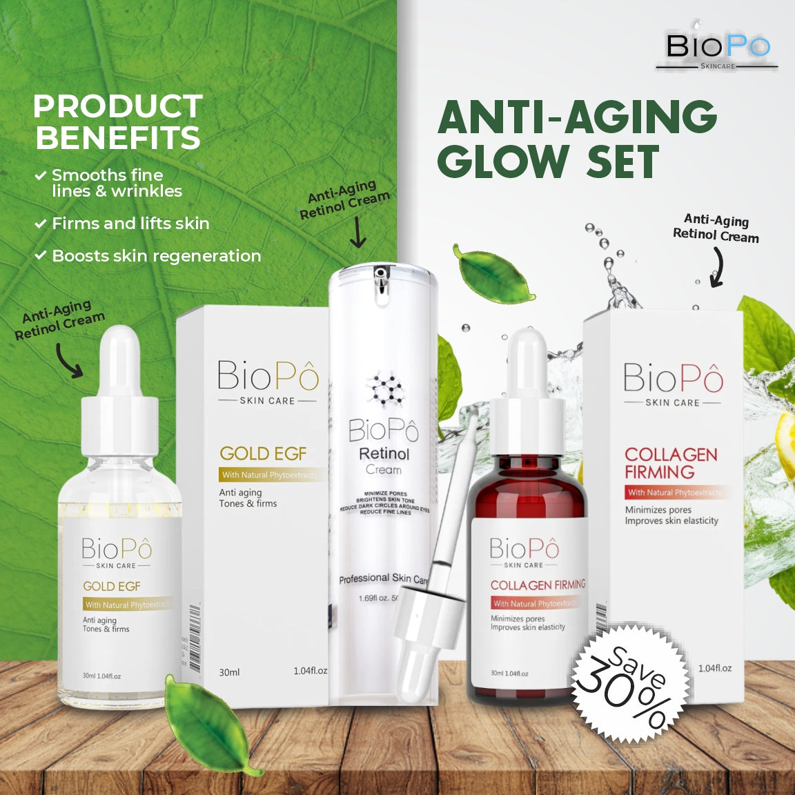 A set of three skincare products labeled as Anti-Aging Glow Set, including a Retinol Cream, Gold EGF Anti-Aging Serum, and Collagen Firming Serum, with additional benefits listed for each product.