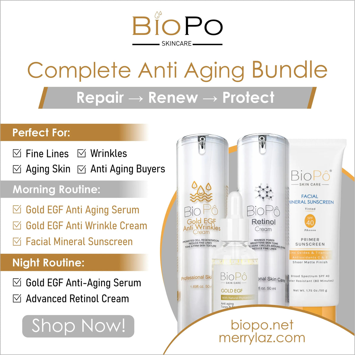 BioPo skincare product bundle with bottles and text on a white background