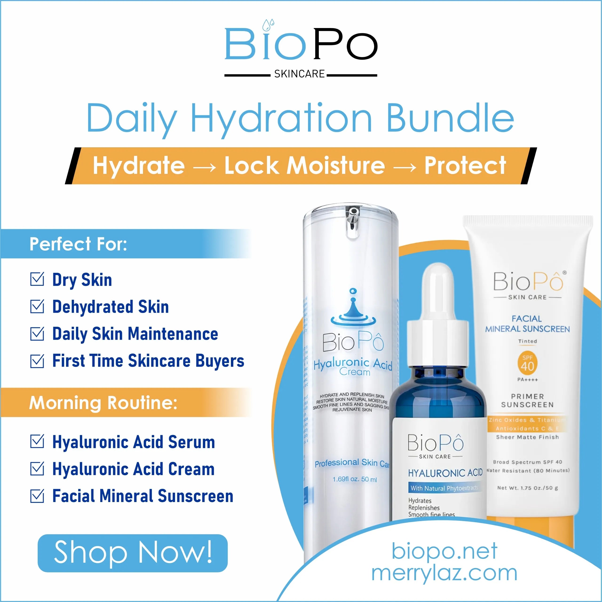 BioPo Skincare Daily Hydration Bundle with products and promotional text on a white background