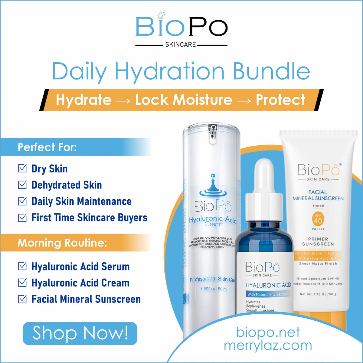 BioPo Skincare Daily Hydration Bundle with products and promotional text on a white background