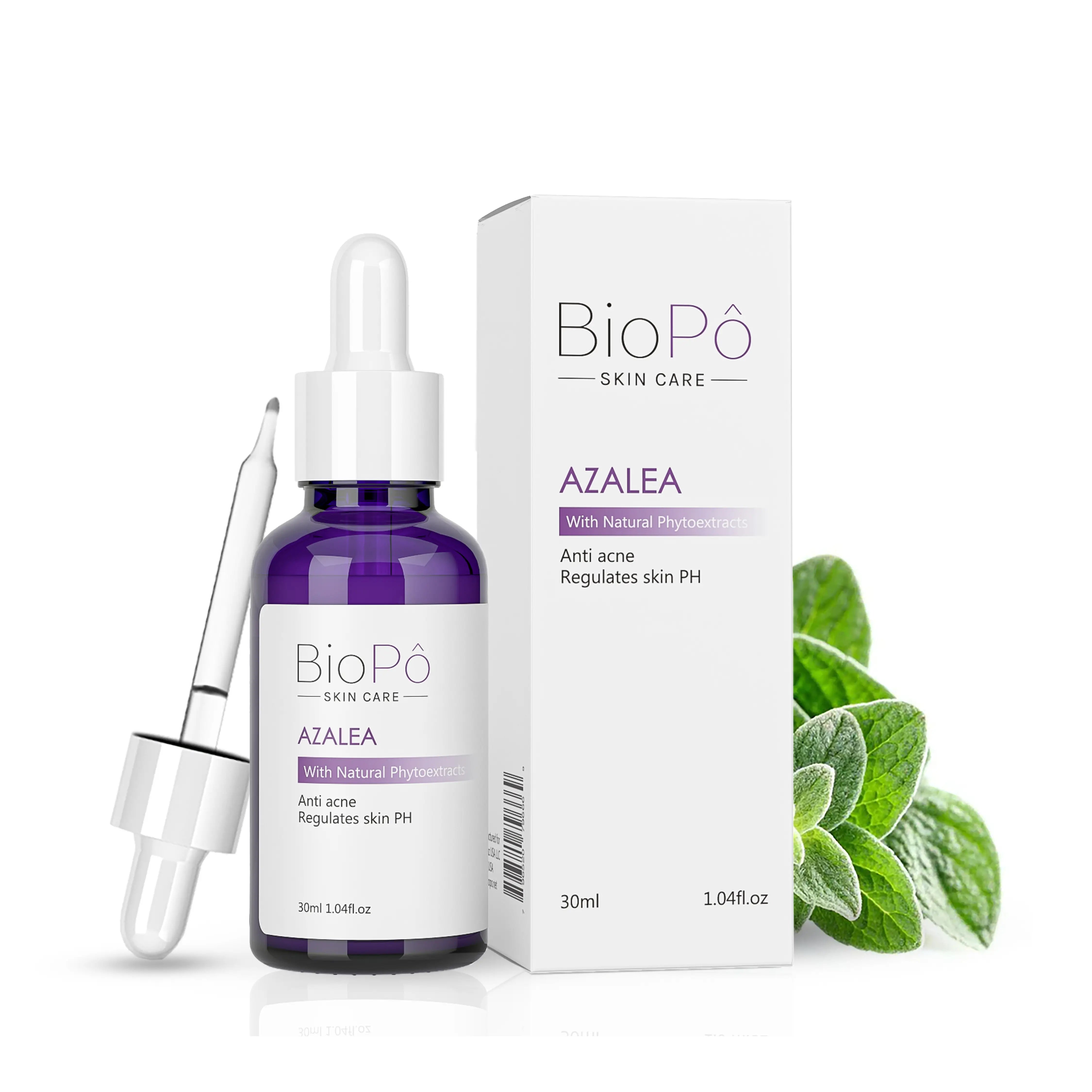 A product image featuring a purple bottle of BioPö Azalea Acne Treatment Serum with a dropper, alongside its packaging box with the product name and description.