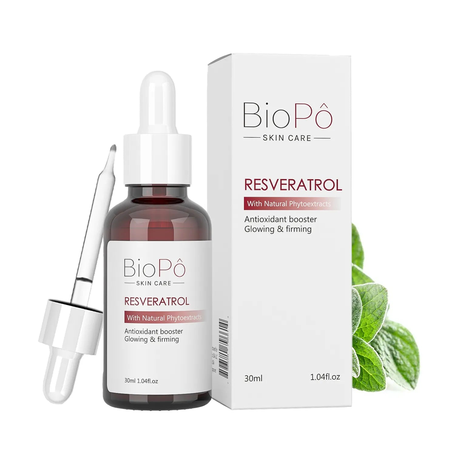 A bottle of BioPo Skin Care Resveratrol serum with a dropper, alongside its packaging box featuring product information and a green leaf. The box is labeled as an antioxidant booster designed for glowing and firming skin.