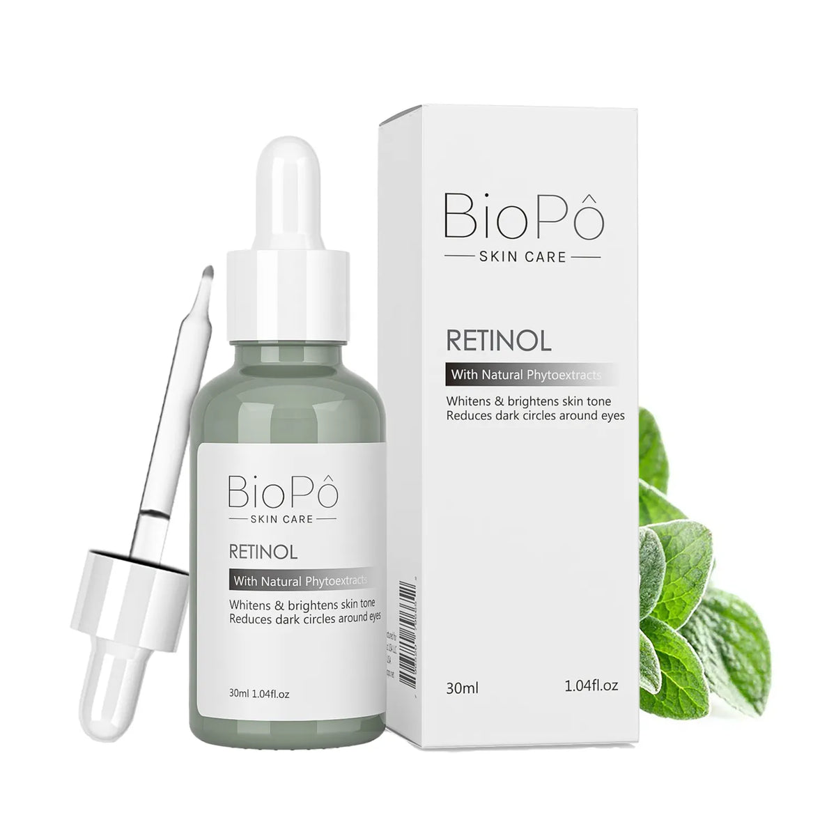 A bottle of BioPó Retinol serum with a dropper, packaged in a box with product information. The bottle is labeled with 'BioPó Skin Care' and the text 'Retinol' along with mentions of natural ingredients.