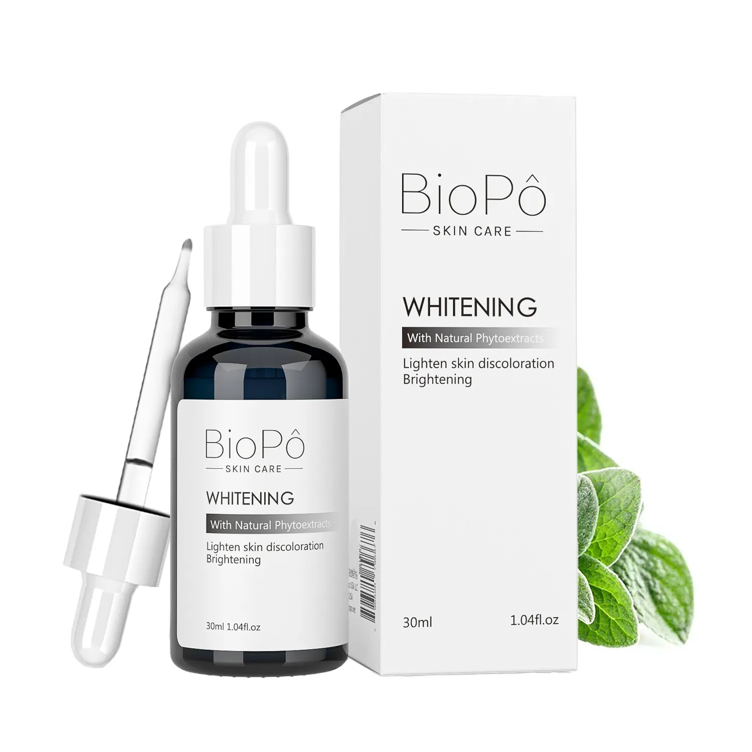 A bottle of BioPo Skin Care Whitening Serum with a dropper, next to its packaging box featuring green leaf accents.