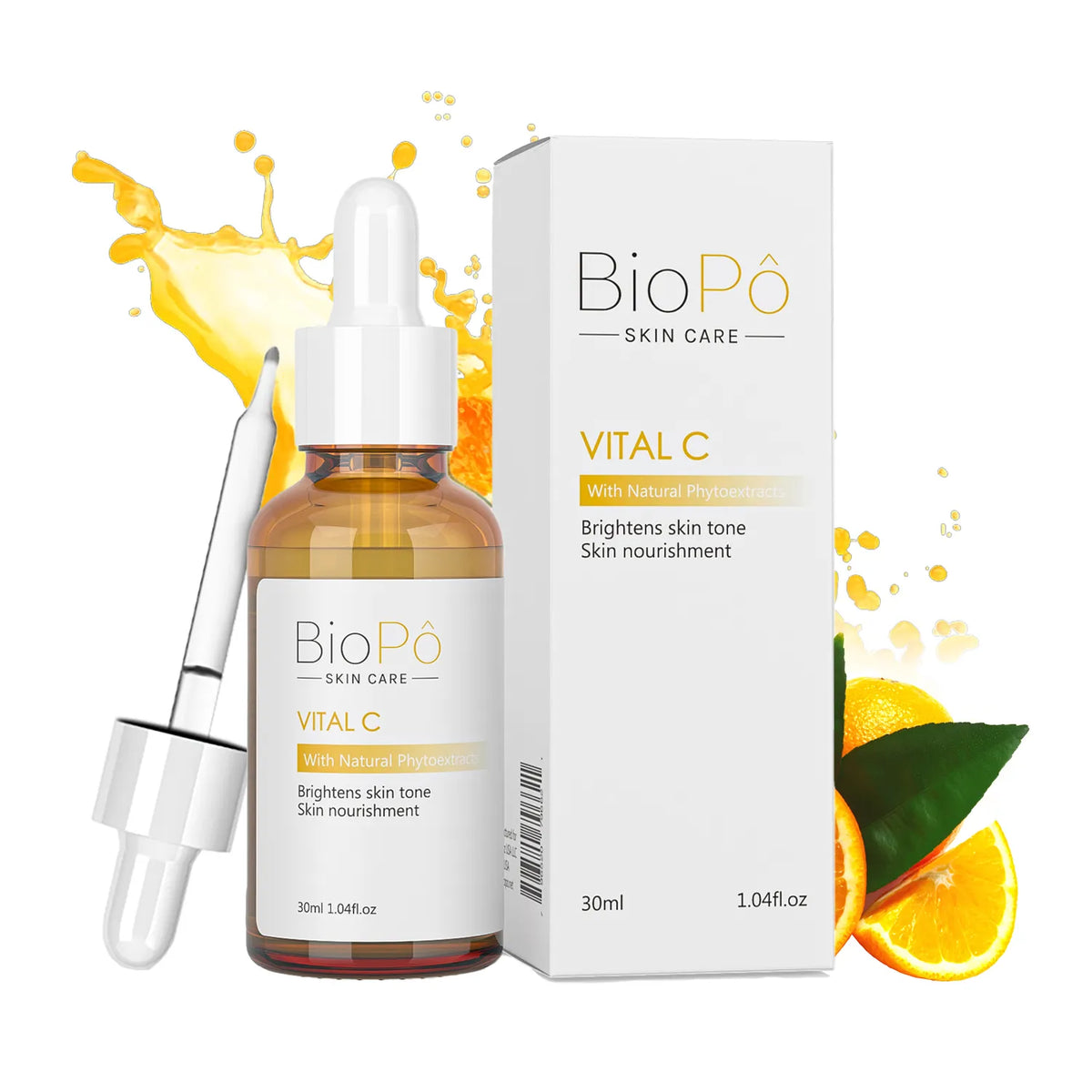A bottle of BioPó Vital C Vitamin C serum with a dropper, next to its packaging box featuring an image of an orange, suggesting the use of natural fruit extracts in the product.