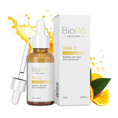 A bottle of BioPó Vital C Vitamin C serum with a dropper, next to its packaging box featuring an image of an orange, suggesting the use of natural fruit extracts in the product.