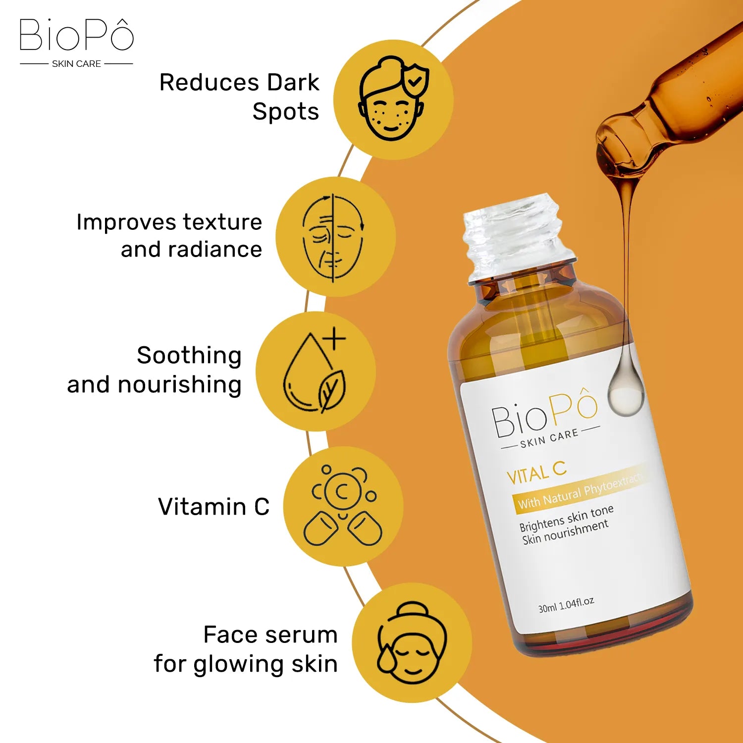 Skincare vital serum bottle with text and icons on an orange background