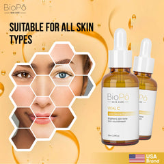 Skincare vital c serum  with bottles and face on orange background